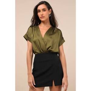 Lulus Posh Precision Olive Green Satin Surplice Short Sleeve Bodysuit - Size M